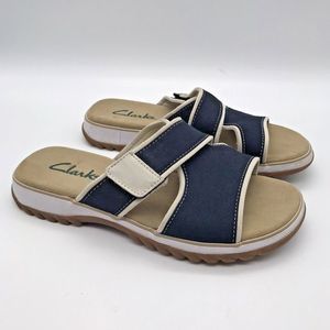 Clarks Hyannis Navy Taupe Canvas Slides Womens 7M Hook & Loop Sandals 33544 Shoe